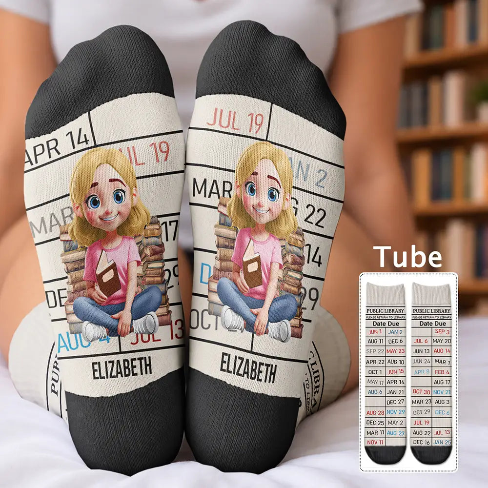 Christmas,Reading,Gift For Yourself,Vector,Happy - Library Card Themed Bookworm Keepsake - Personalized Crew Socks