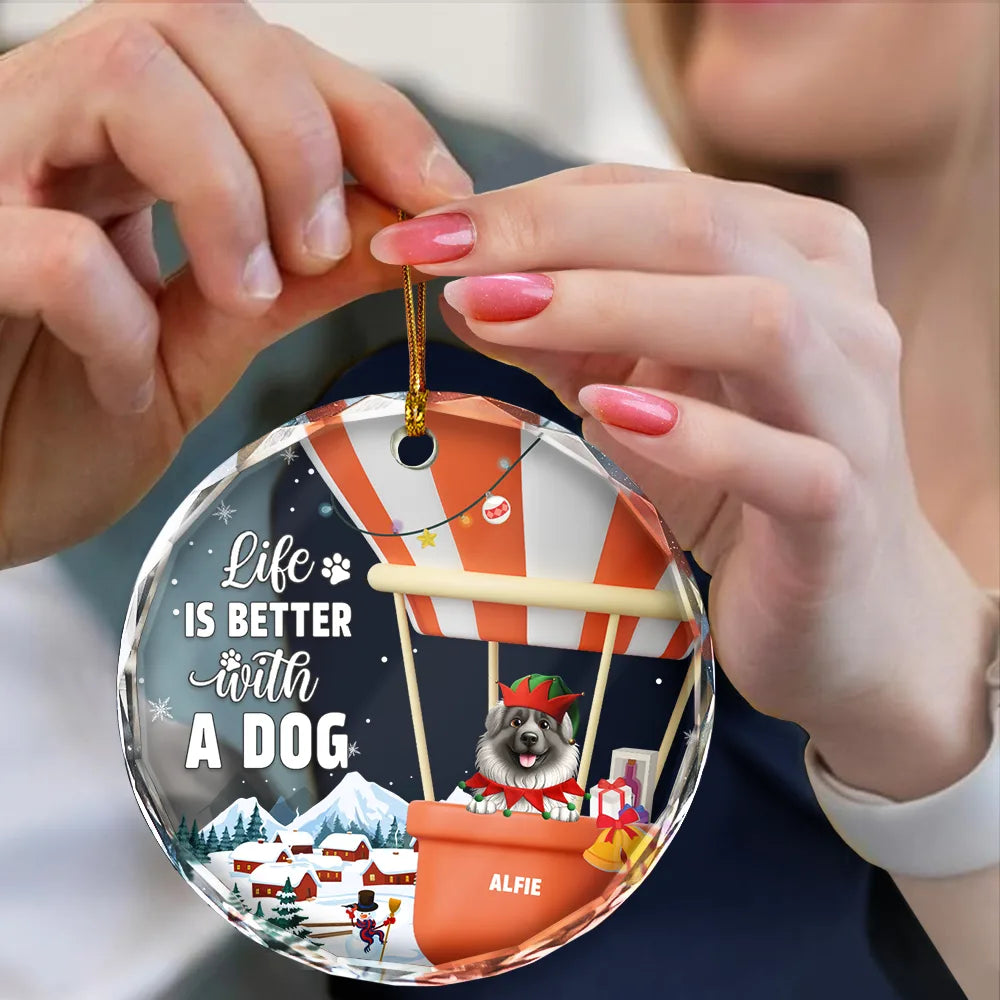 Pet Lovers, Pet Mom, Pet Dad, Pet Couple, Christmas, Happy - Life Is Better With A Dog Cat - Personalized Circle Glass Ornament