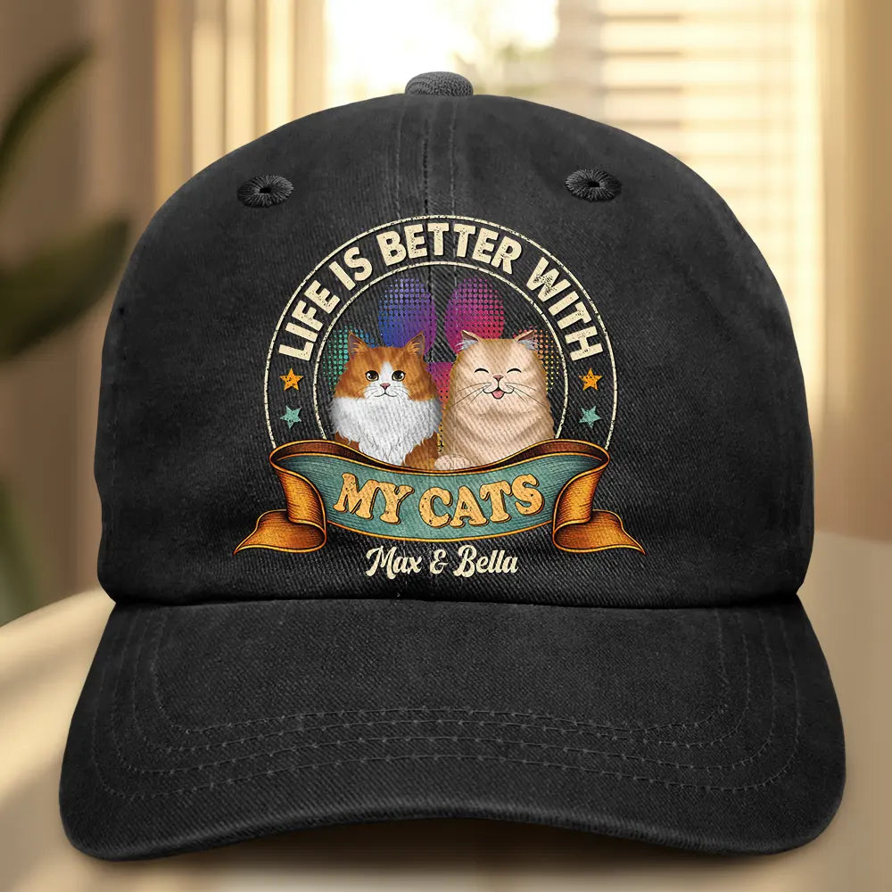 Life Is Better With Cat Dog Storybook Vintage Style - Personalized Vintage Washed Denim Cap