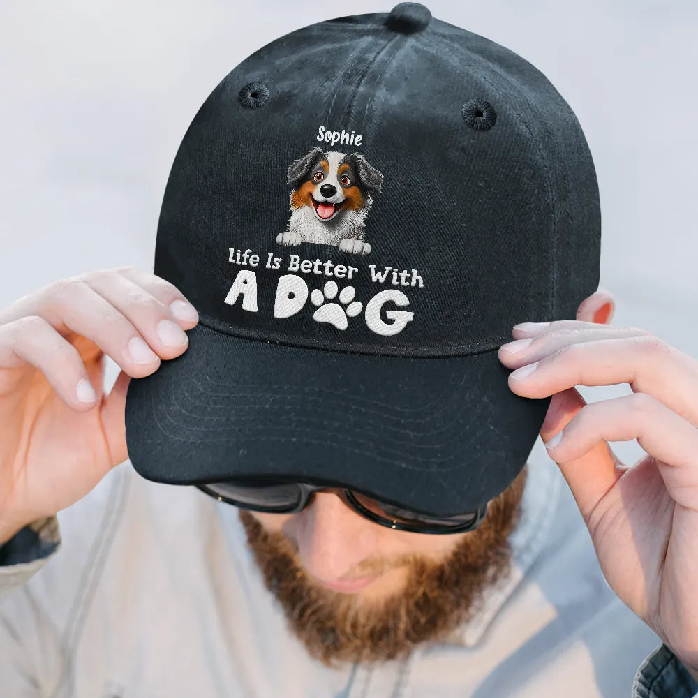 Happy,Dog Dad,Dog Mom,Dog Lovers,Pet Lovers - Life Is Better With Dogs - Personalized Vintage Washed Denim Cap