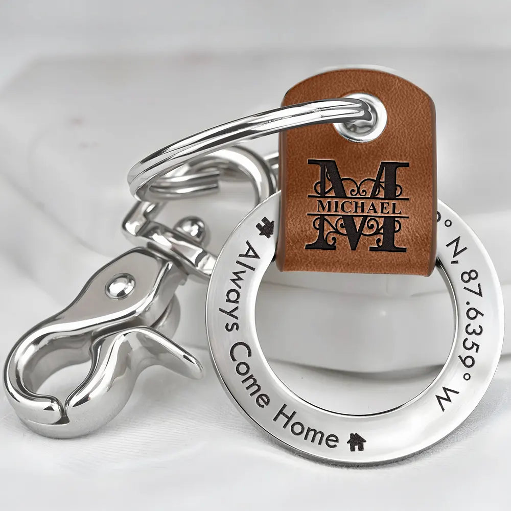 Gift For Yourself,Gift For Father,Gift For Mother,Gift For Brothers,Gift For Sisters,Gift For Son,Gift For Daughter,Family,Long Distance,Happy - Location Coordinates Always Come Home - Personalized Leather Coordinates Keychain
