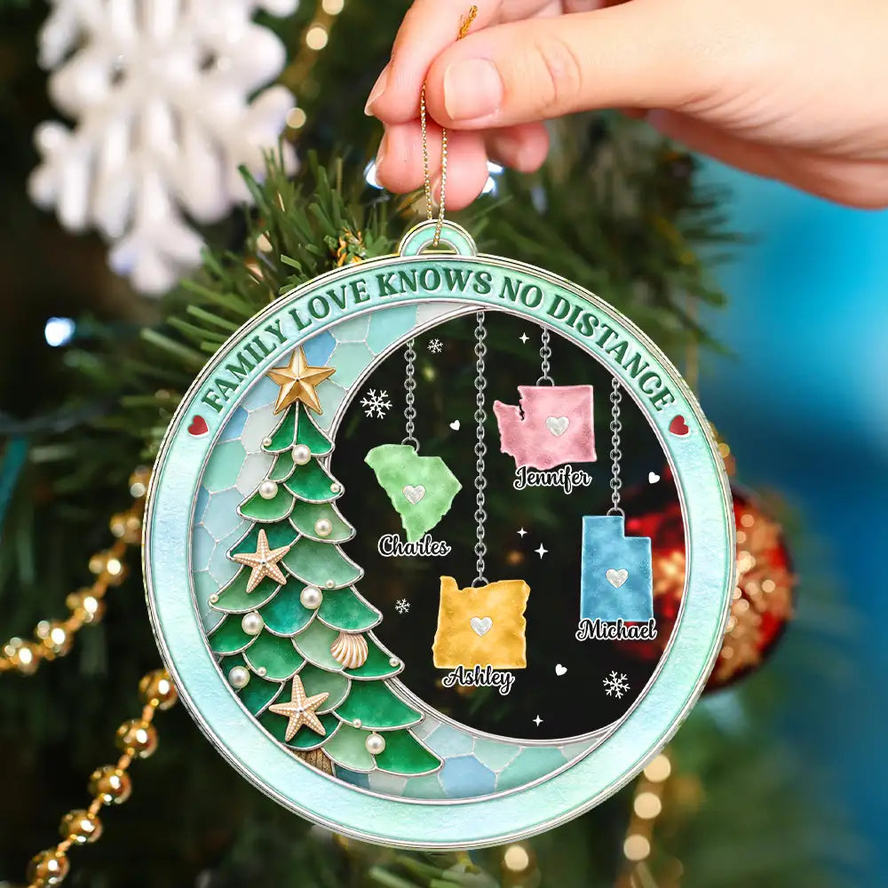 Top Market,Sentimental,Christmas,Long Distance,Family,Icon - Long Distance Family Love Knows No Distance Sea Glass Effect - Personalized Custom Shaped Acrylic Ornament