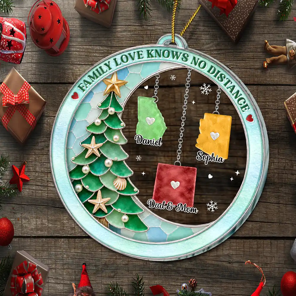 Top Market,Sentimental,Christmas,Long Distance,Family,Icon - Long Distance Family Love Knows No Distance Sea Glass Effect - Personalized Custom Shaped Acrylic Ornament