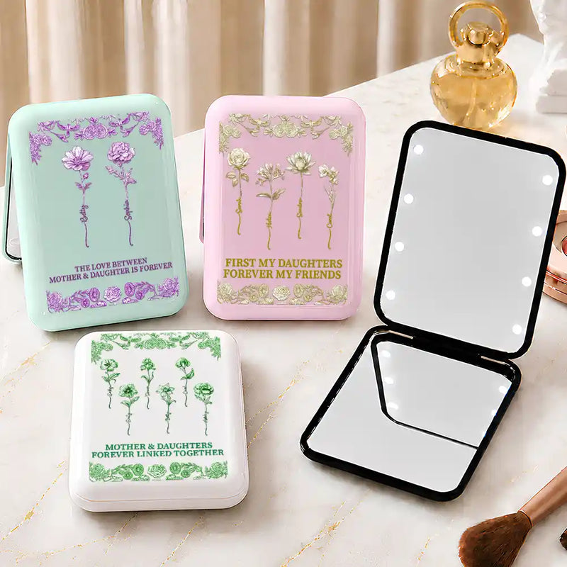 Gift For Mother, Gift For Daughter, Mom - Daughter (Adult), Gift For Children, Sentimental, Icon - Love Between Mother Daughter Birth Flower Toile - Personalized LED Compact Mirror