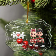 Gift For Couples, Old Couples, Gift For Women, Gift For Men, Gift For Husband, Gift For Wife, Love, Christmas, Gift For Boyfriend, Gift For Girlfriend - Love Is The Piece That Holds Us Together - Personalized Medallion Glass Ornament