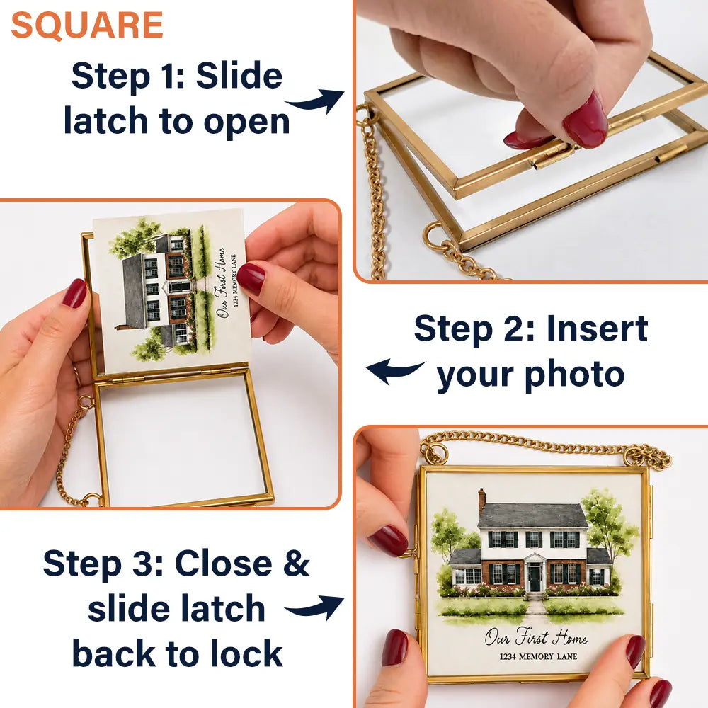 Art Design,Christmas,Family,Photo - Watercolor - With BG,Happy - Custom Photo Watercolor Painting Our First Home - Personalized Metal Frame Ornament