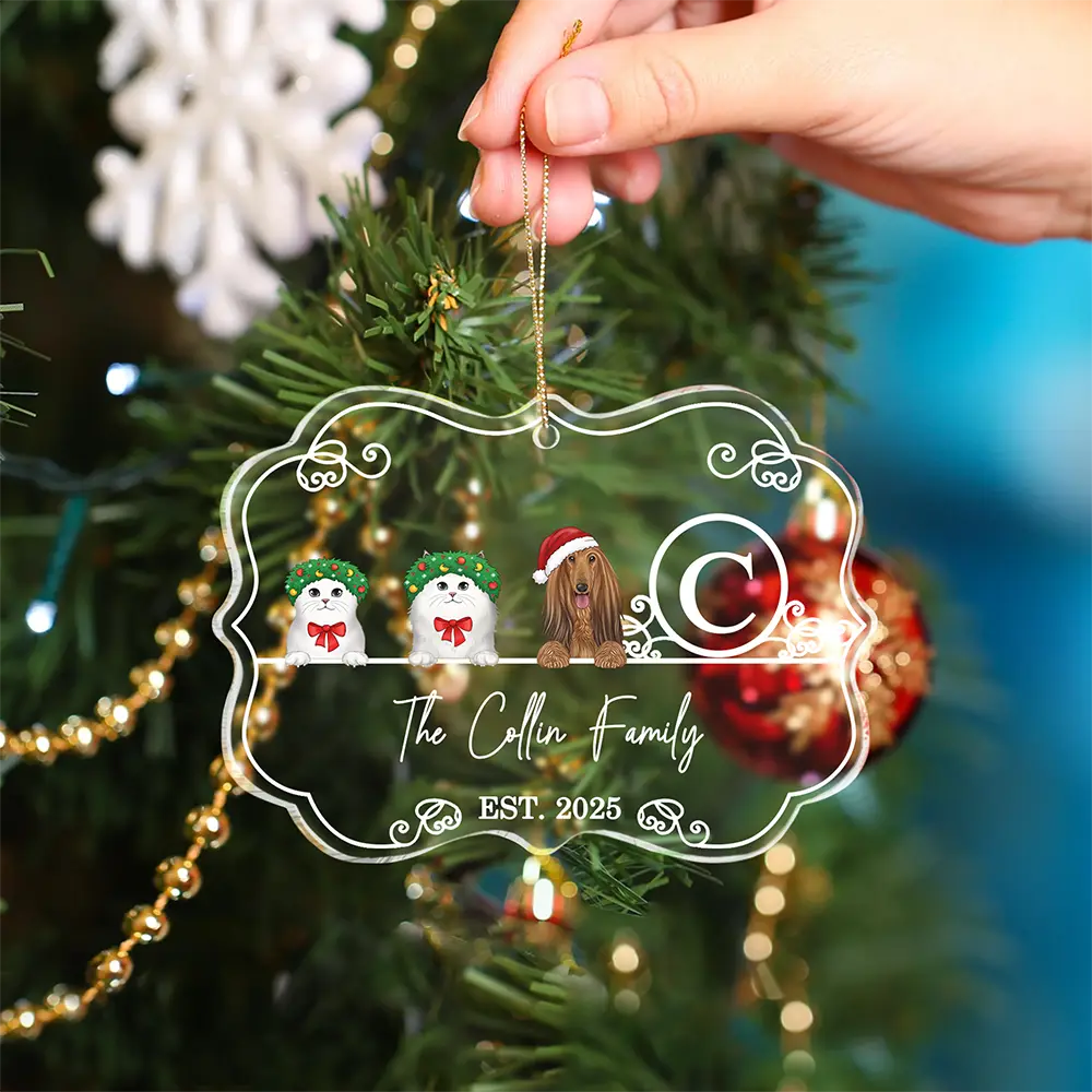 Pet Lovers,Happy,Christmas - Monogram Family Name Dog Cat Pet Christmas - Personalized Medallion Acrylic Ornament