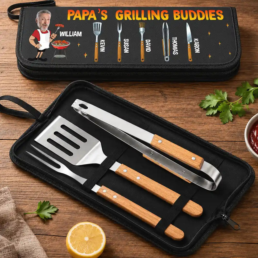 Gift For Father,Gift For Grandpa,Grandpa's Hobby,Dad's Hobby,Grilling,Non-Eng,Photo,Icon,Humorous - Custom Photo Daddy Papa Grilling Tools - Personalized BBQ Tool Set With Storage Bag