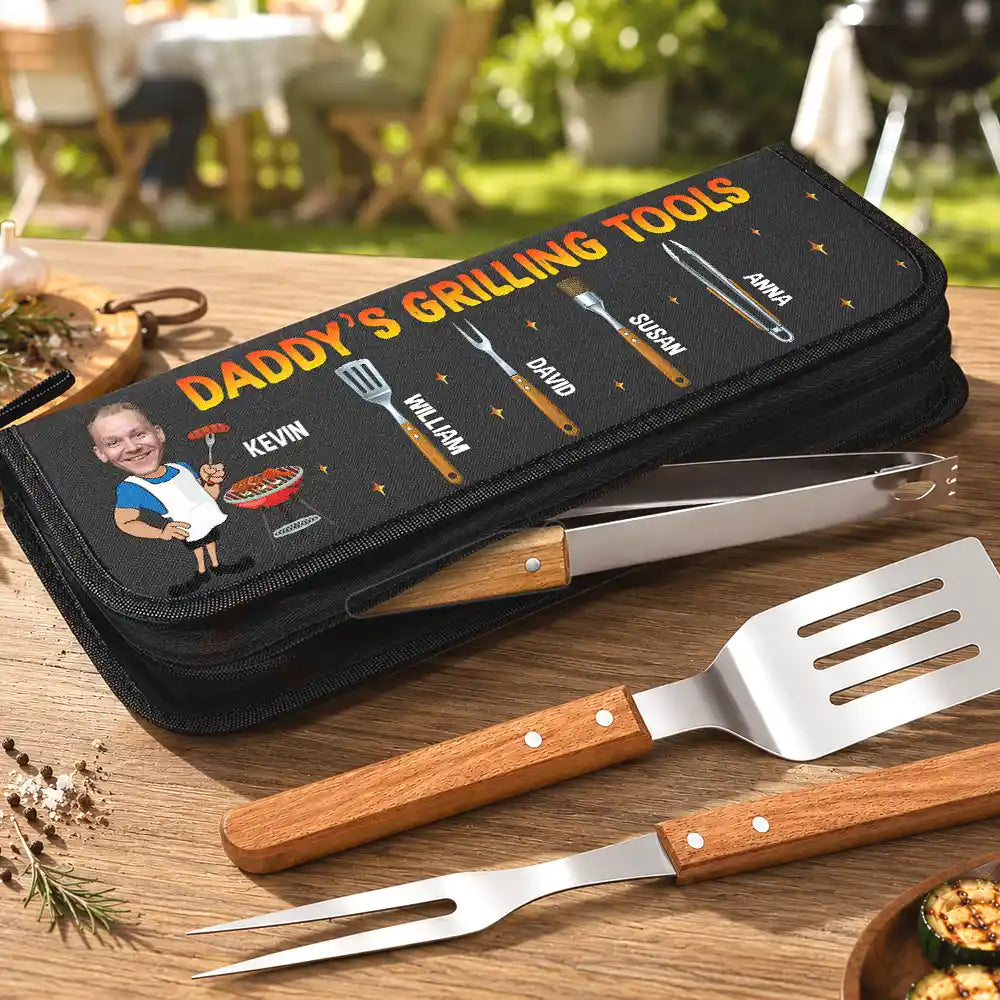 Gift For Father,Gift For Grandpa,Grandpa's Hobby,Dad's Hobby,Grilling,Non-Eng,Photo,Icon,Humorous - Custom Photo Daddy Papa Grilling Tools - Personalized BBQ Tool Set With Storage Bag
