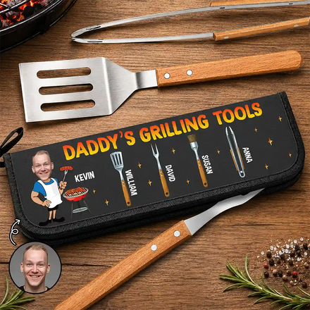 Custom Photo Daddy Papa Grilling Tools - Personalized BBQ Tool Set With Storage Bag
