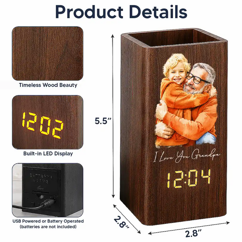 Gift For Father,Custom Photo,Art Design,Sentimental,Photo - Watercolor - Remove BG - Custom Photo Realistic Watercolor Art I Love You Dad Grandpa Motivation Gift - Personalized Pen Holder With Clock