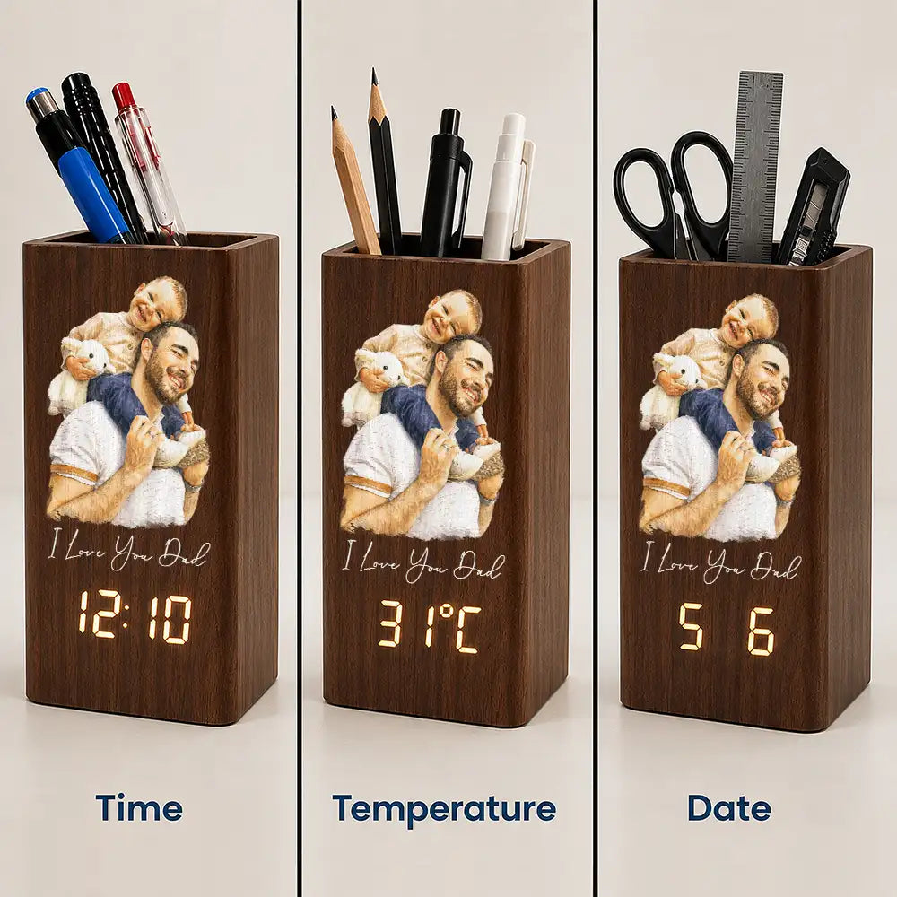 Gift For Father,Custom Photo,Art Design,Sentimental,Photo - Watercolor - Remove BG - Custom Photo Realistic Watercolor Art I Love You Dad Grandpa Motivation Gift - Personalized Pen Holder With Clock