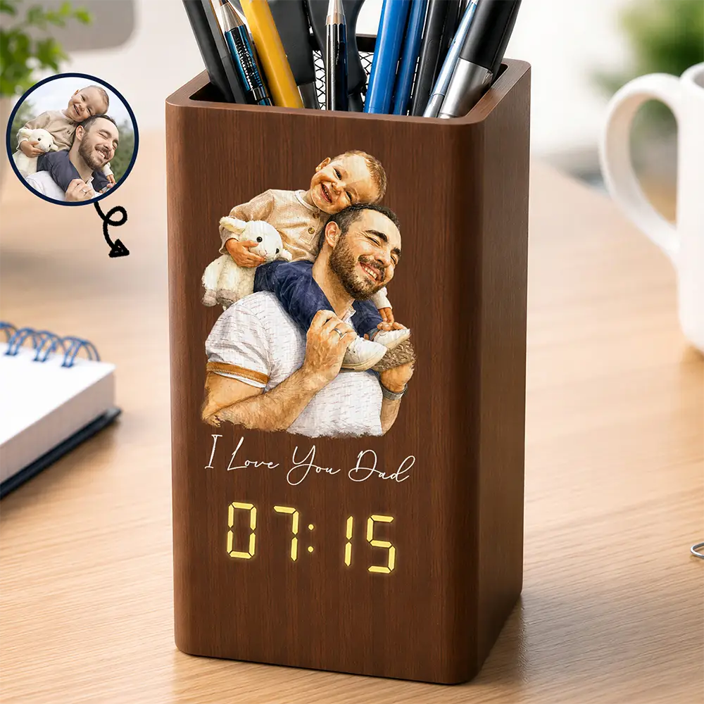 Gift For Father,Custom Photo,Art Design,Sentimental,Photo - Watercolor - Remove BG - Custom Photo Realistic Watercolor Art I Love You Dad Grandpa Motivation Gift - Personalized Pen Holder With Clock