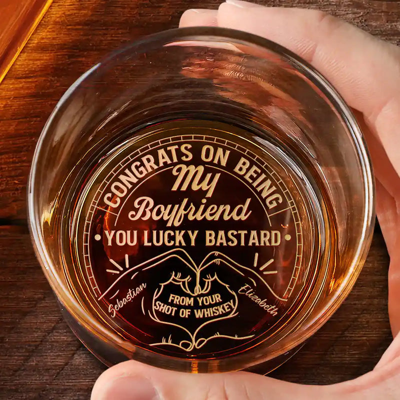 Gift For Husband, Gift For Boyfriend, Gift For Couples - Congrats On Being My Husband You Lucky Man Heart Sign Couple Hand - Personalized Engraved Whiskey Glass