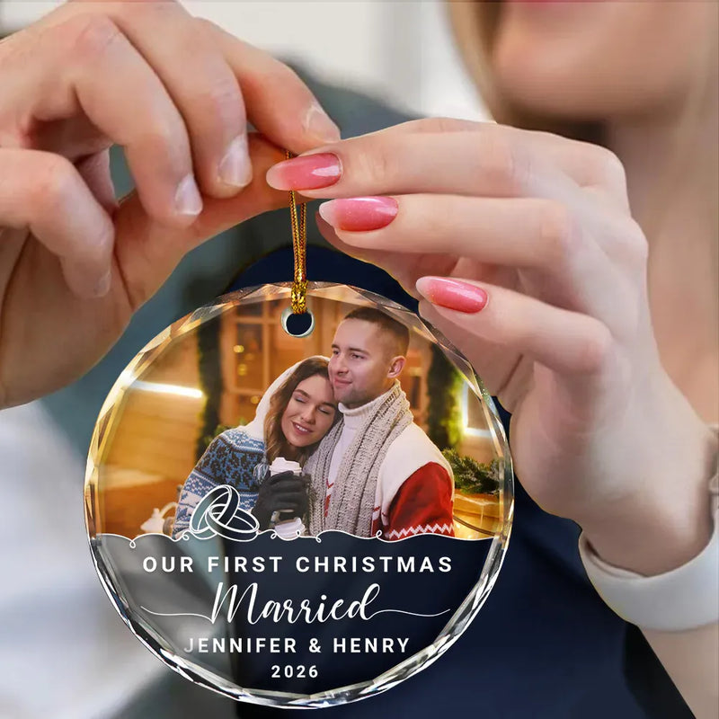 Custom Photo Our First Christmas Engaged - Personalized Circle Glass Ornament
