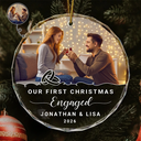 Custom Photo Our First Christmas Engaged - Personalized Circle Glass Ornament