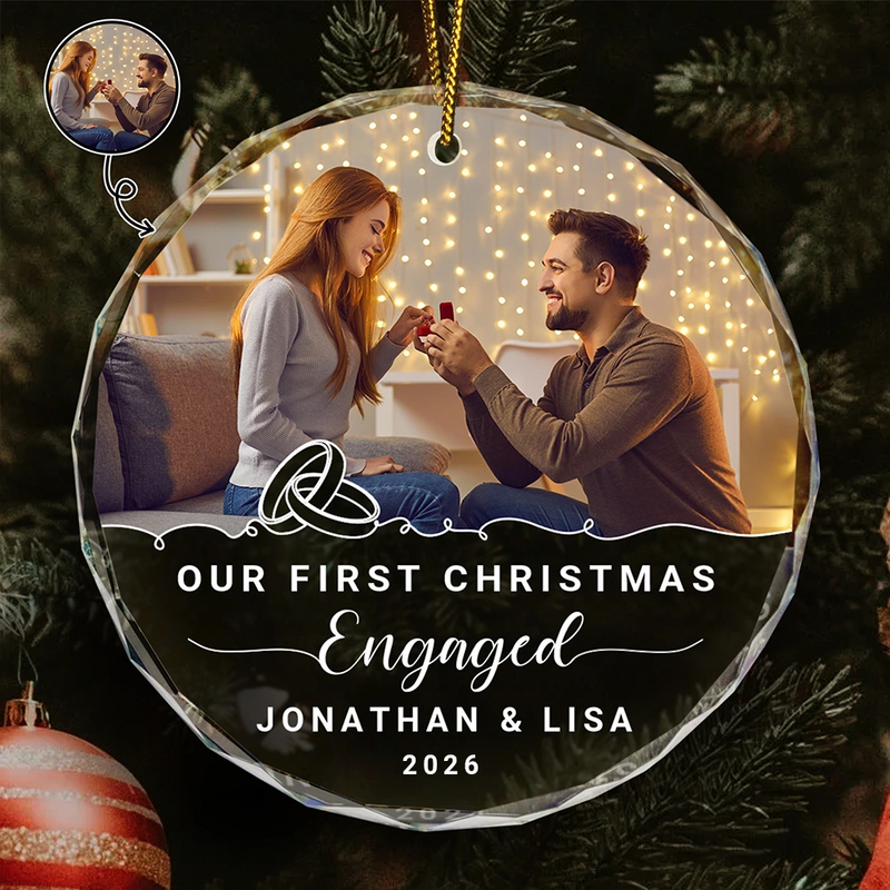 Custom Photo Our First Christmas Engaged - Personalized Circle Glass Ornament