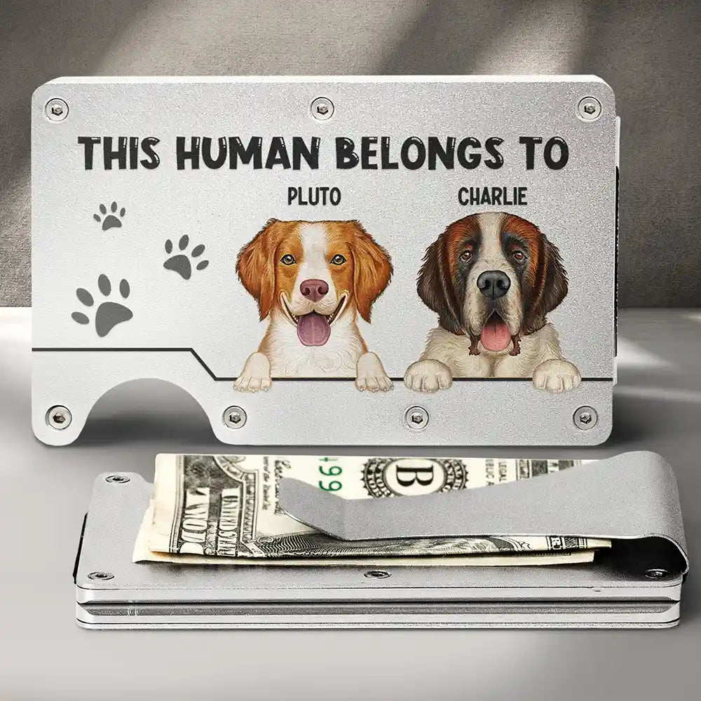 Pet Lovers, Pet Dad - This Human Belongs To Dog Cat Pet Lover - Personalized Card Wallet With Money Clip
