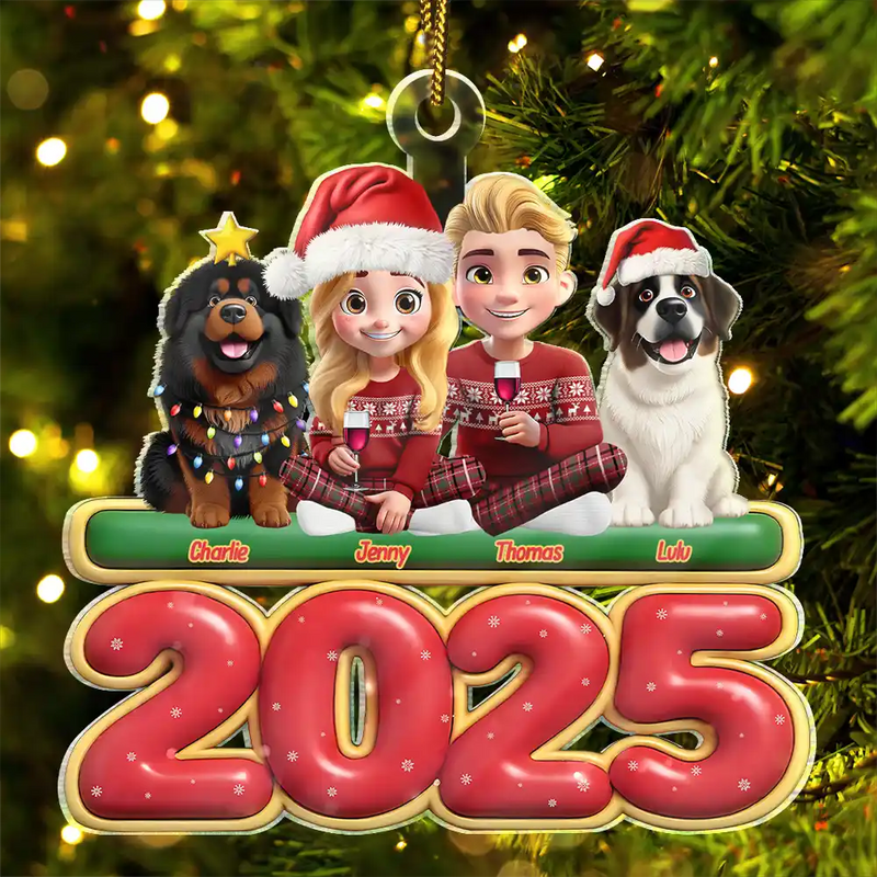 Gift For Couples, Dog Couple, Dog Lovers, Christmas, Happy - 3D Effect Couple Sitting With Dogs - Personalized Custom Shaped Acrylic Ornament