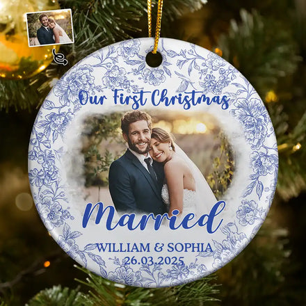 Custom Photo Our First Christmas Married - Personalized Circle Ceramic Ornament