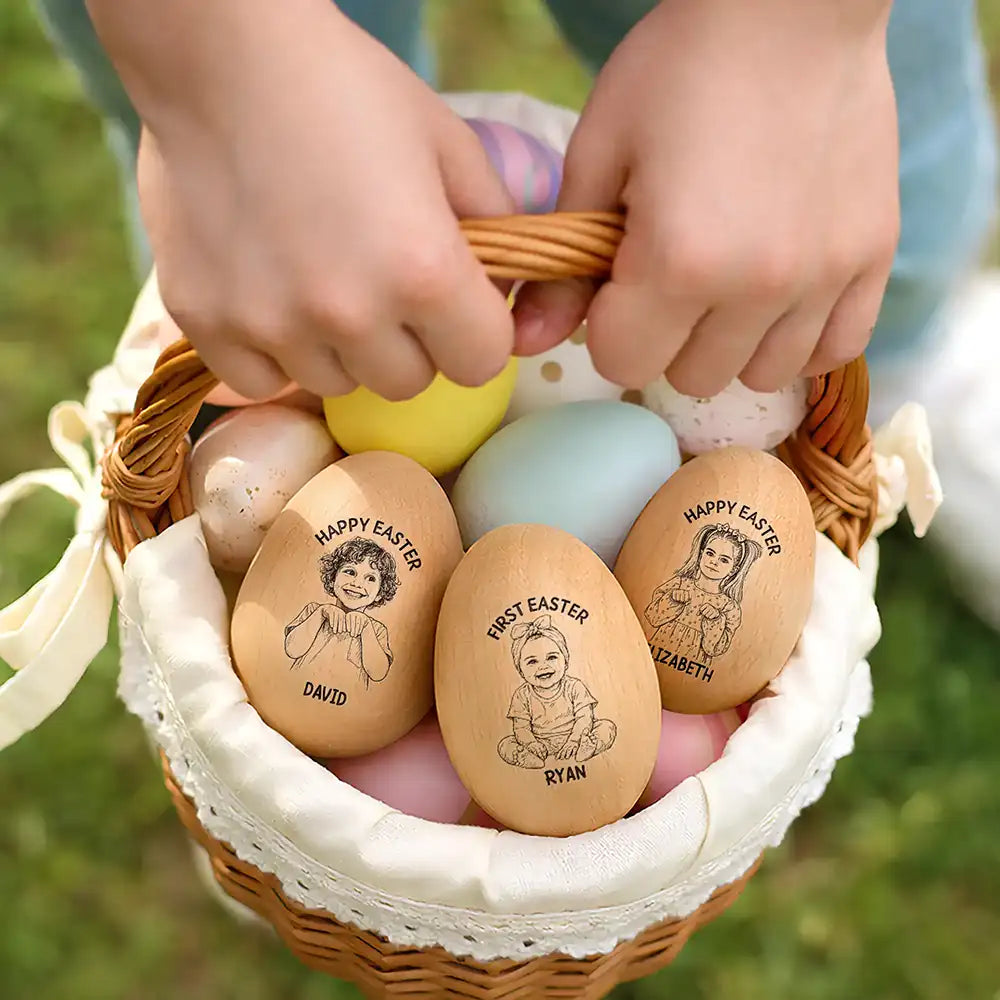 Grandpa,Grandkids,Gift For Kids,Grandma,Gift For Grandkids,Parents,Dad,Children,Mom - Children,Easter - Custom Photo Pencil Sketch Happy Kids Easter - Personalized Musical Wooden Easter Egg Shaker