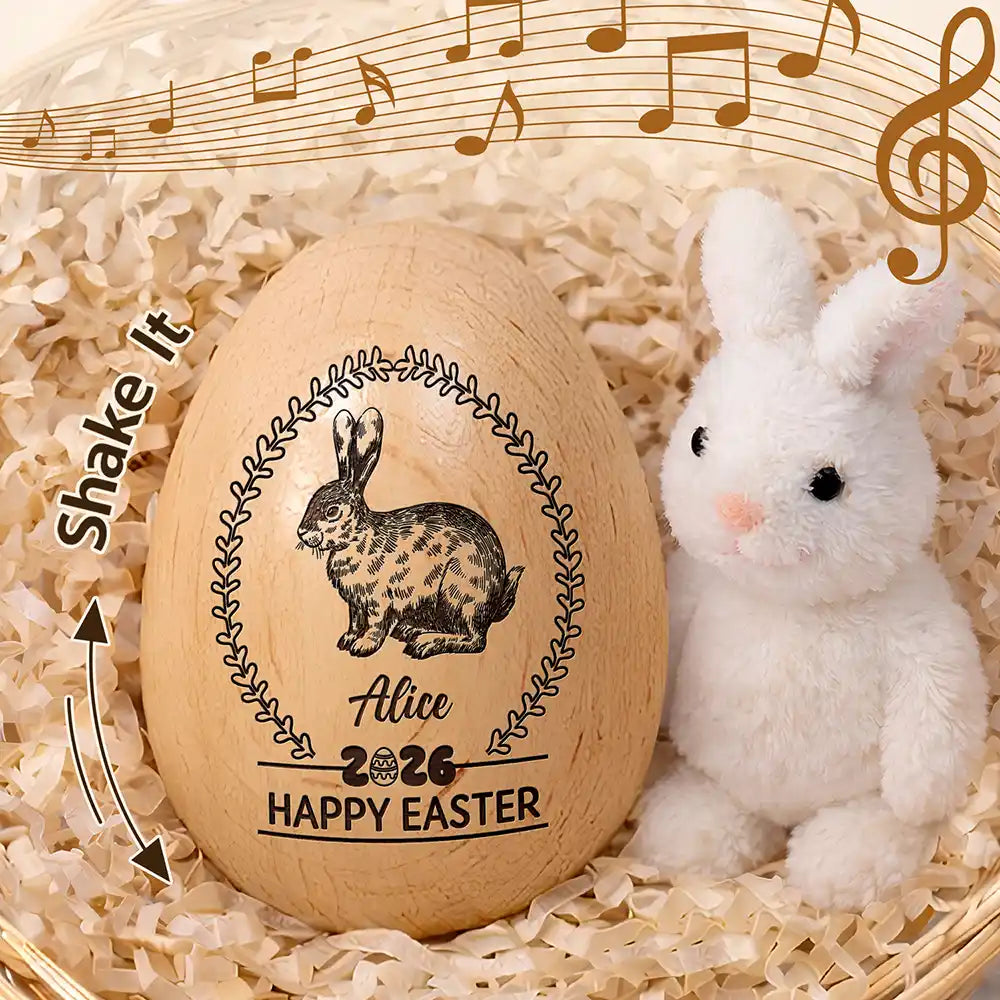 Gift For Kids,Grandma,Grandkids,Gift For Grandkids,Dad,Children,Mom,Easter,Happy - First Easter Bunny With Laurel Wreath - Personalized Musical Wooden Easter Egg Shaker