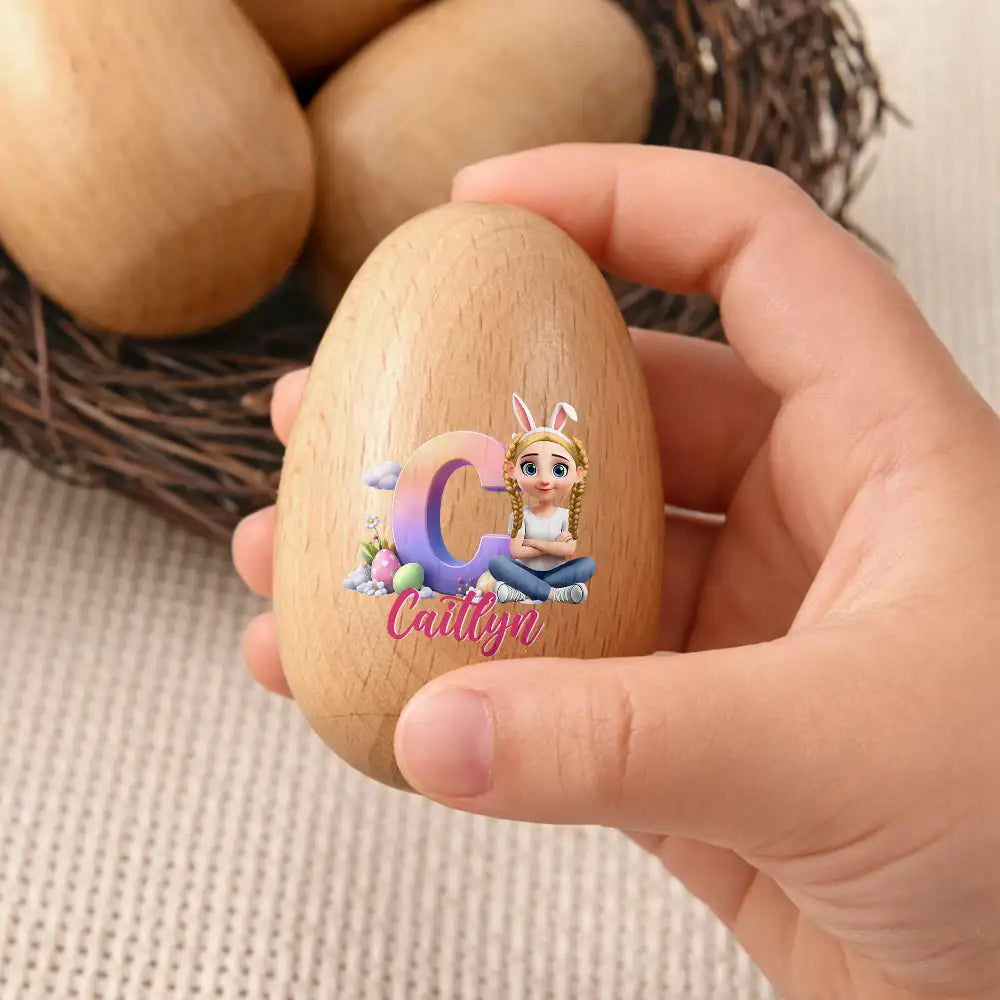 Easter,Non-Eng,Gift For Kids,Gift For Grandkids,Grandma,Grandkids,Grandpa,Dad,Children,Children,Happy - Kid Baby Sitting With Easter Alphabet Letters - Personalized Musical Wooden Easter Egg Shaker