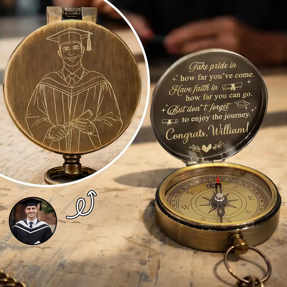 Family,Graduation,Love - Custom Photo Outline Sketch Take Pride In How Far You've Come - Personalized Engraved Brass Compass