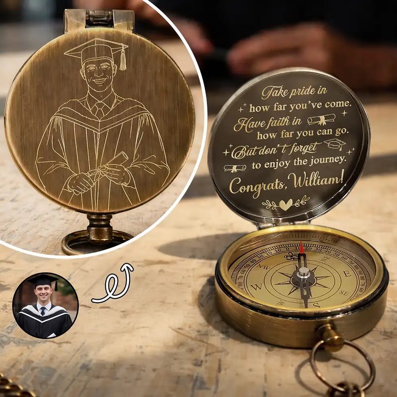 Family,Graduation,Love - Custom Photo Outline Sketch Take Pride In How Far You've Come - Personalized Engraved Brass Compass