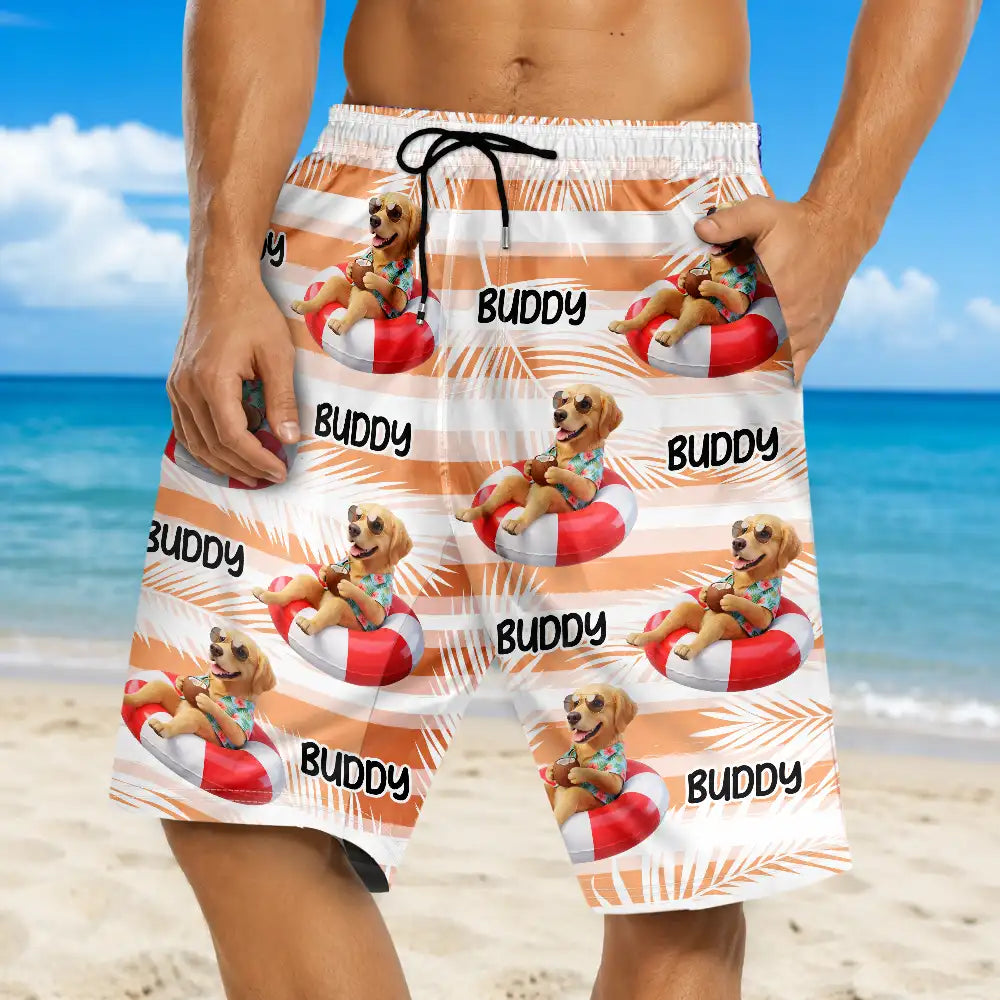 Custom Photo, Art Design, Summer, Pet Lovers, Playful, Photo - Swimming Float 3D Effect - Custom Photo 3D Summer Concept Poolside Beach Vacation Dog Cat - Personalized Unisex Beach Shorts
