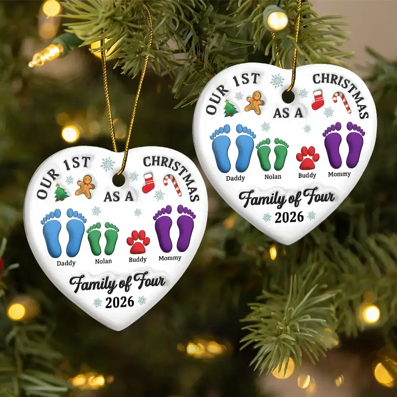First Christmas As A Family Of Three Footprints 3D Effect - Personalized Heart Ceramic Ornament
