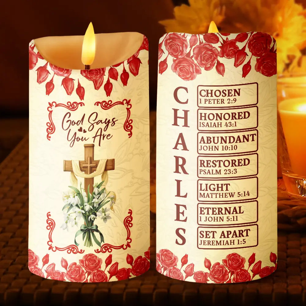 Christmas,Christian,Gift For Yourself - God Says I Am 3D Effect Flower Border - Personalized Flameless LED Candle