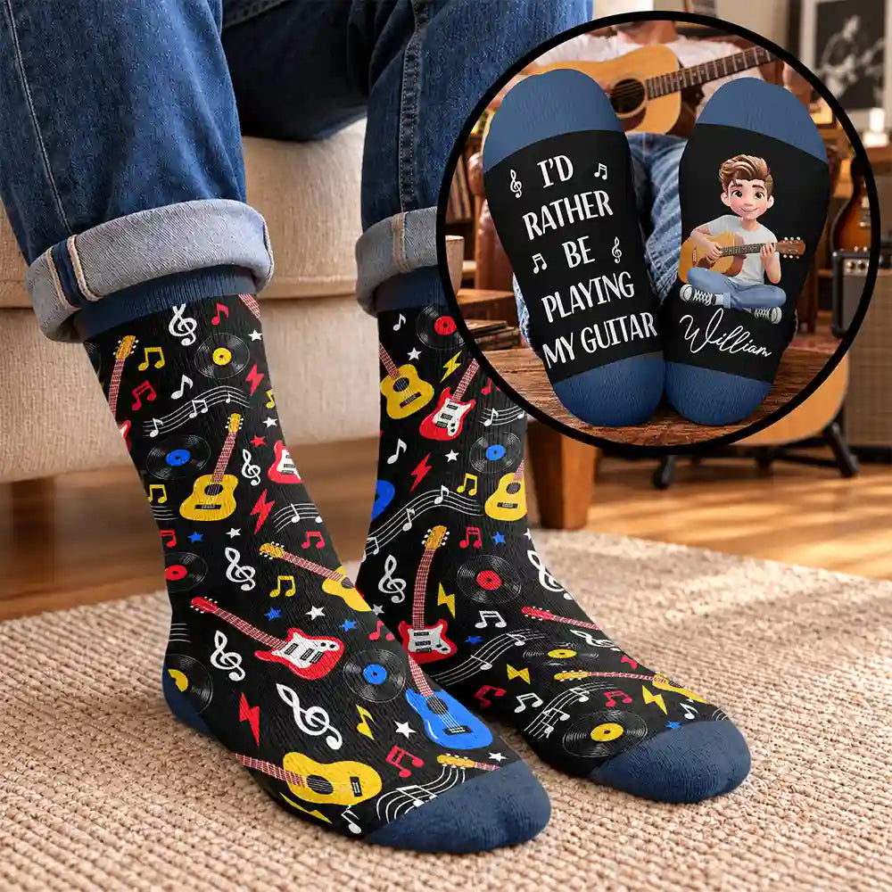 Christmas,Gift For Men,Gift For Yourself,Gifts For Him,Guitar,Happy,Music,Top Market,Vector - Gift For Guitar Lovers - Personalized I'd Rather Be Playing My Guitar Socks