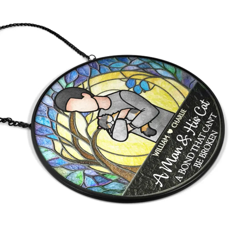 Dog Lovers, Dog Mom, Dog Dad, Pet Lovers, Happy, Cat Lovers, Cat Mom, Cat Dad - A Girl And Her Dog A Bond That Can't Be Broken Woman Man Hug Pet - Personalized Stained Glass Window Hanging Suncatcher