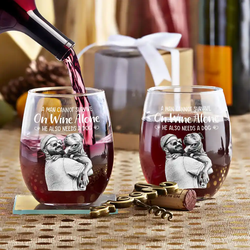 Happy,Dog Lovers,Pet Lovers,Dog Mom,Dog Dad - Custom Photo Pencil Sketch Art A Woman Cannot Survive On Wine Alone Dog - Personalized Stemless Wine Glass