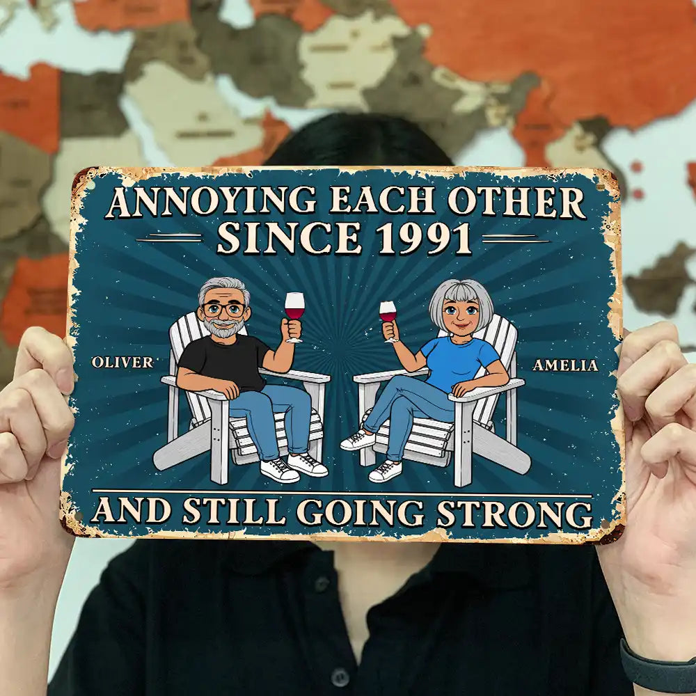 Top Market, Humorous, Old Couples, Gift For Couples, Vector - Annoying Each Other For Many Years Still Going Strong Retro Cartoon Couple - Personalized Classic Metal Signs