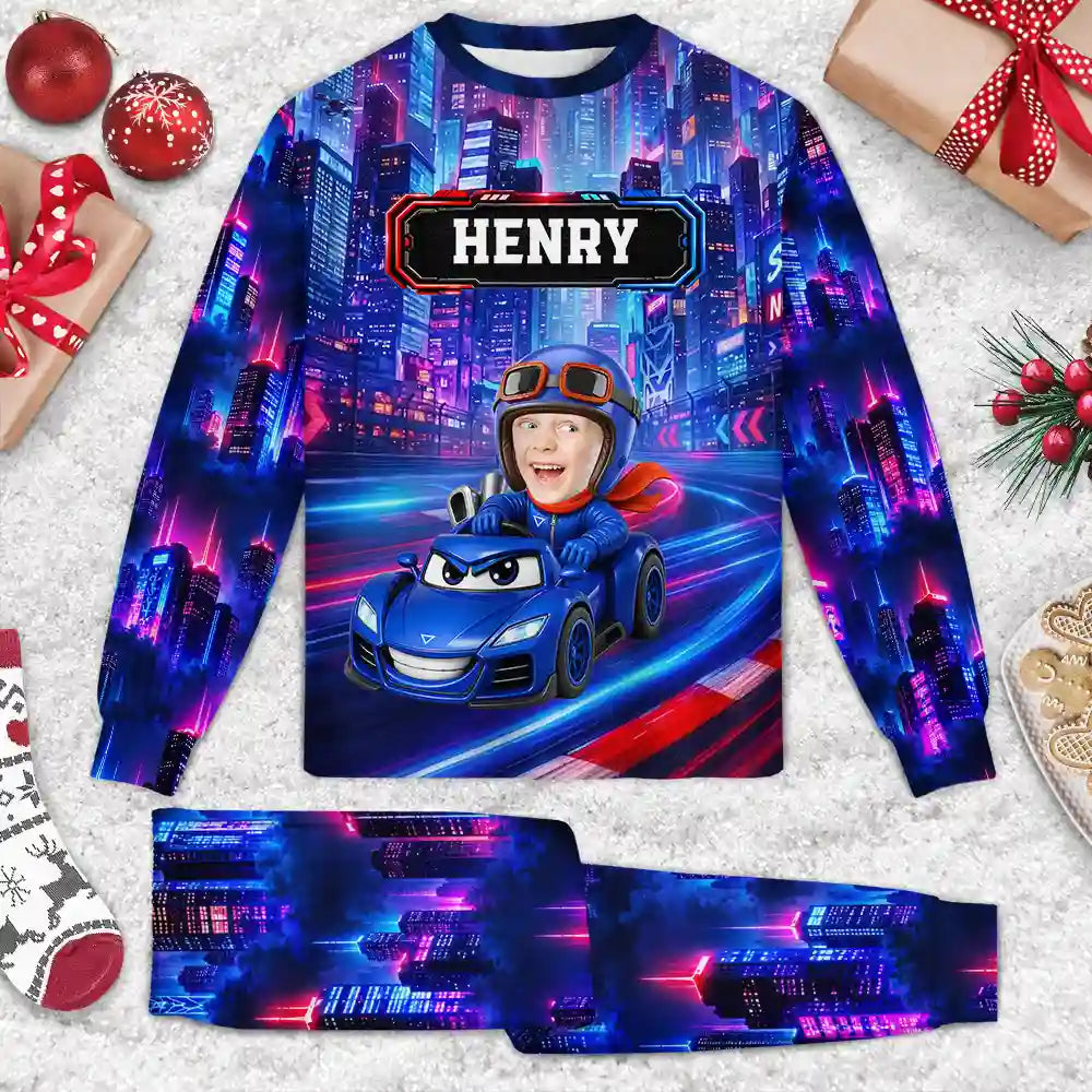 Car,Christmas,Custom Photo,Cut-Face Photo,Gift For Kids,Playful,Top Market,Truck - Gift For Kids Boys - Personalized Custom Photo Photo & Name Race Car Driver With Lightning Kid Pajamas Set