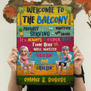 Happy,Gift For Couples,Couple's Hobby,Patio,Grilling - Patio Welcome Grilling Proudly Serving Whatever You Bring Cartoon Couple - Personalized Classic Metal Signs
