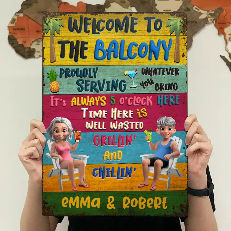 Happy,Gift For Couples,Couple's Hobby,Patio,Grilling - Patio Welcome Grilling Proudly Serving Whatever You Bring Cartoon Couple - Personalized Classic Metal Signs

