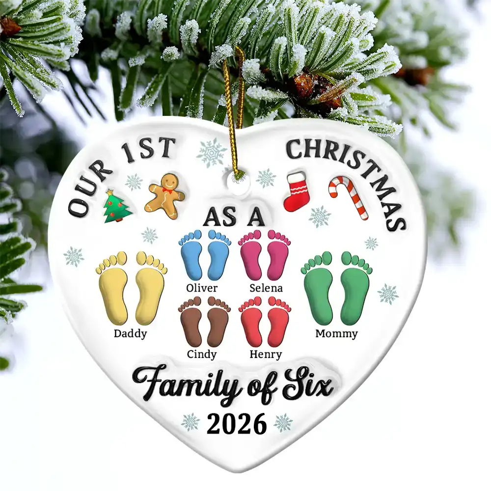 First Christmas As A Family Of Three Footprints 3D Effect - Personalized Heart Ceramic Ornament