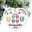 First Christmas As A Family Of Three Footprints 3D Effect - Personalized Heart Ceramic Ornament
