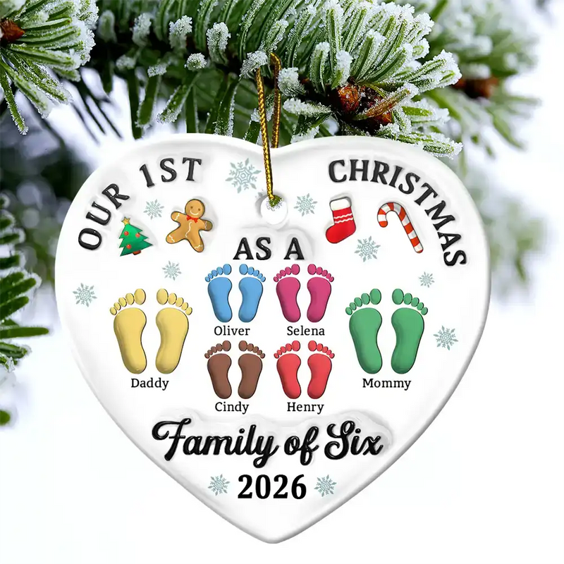 First Christmas As A Family Of Three Footprints 3D Effect - Personalized Heart Ceramic Ornament