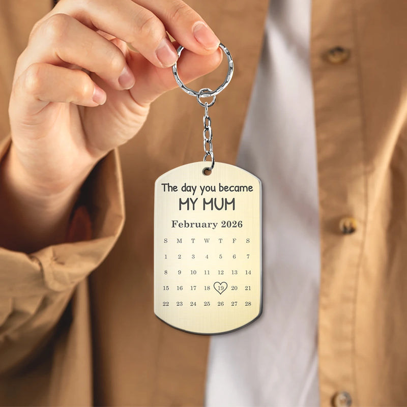Custom Photo, New Mom, New baby, Happy - Custom Photo Pencil Sketch Calendar The Day You Became My Mom - Personalized Aluminum Keychain