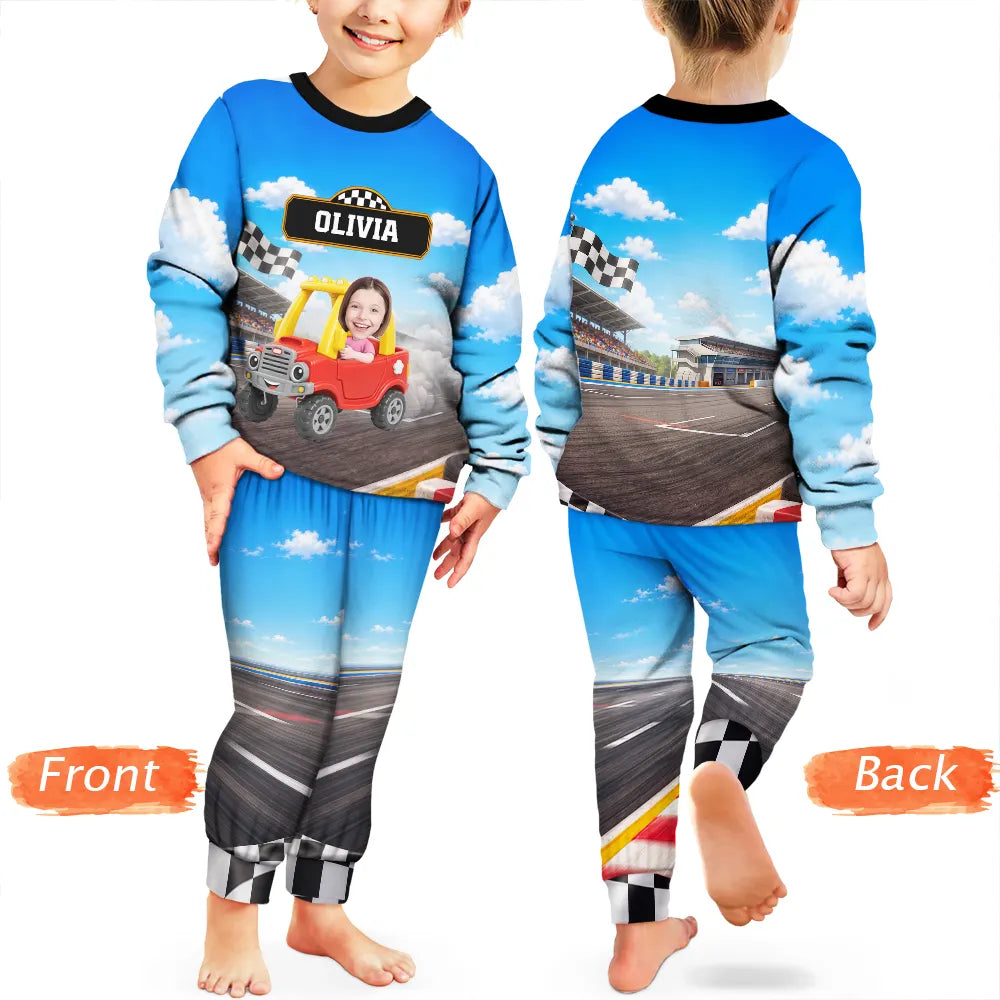 Car,Christmas,Custom Photo,Cut-Face Photo,Gift For Kids,Playful,Top Market,Truck - Gift For Kids Boys - Personalized Custom Photo Photo & Name Race Car Driver With Lightning Kid Pajamas Set