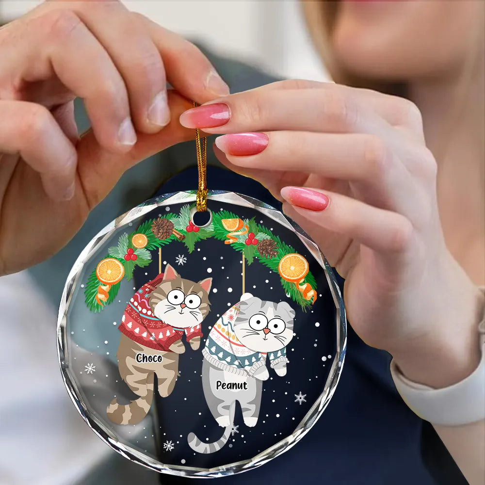 Christmas Funny Hanging Cats - Personalized Circle Glass Ornament