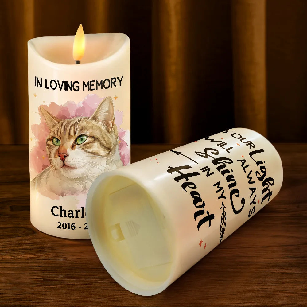 Dog Lovers,Pet Lovers,Cat Lovers,Memorial,Sad - Custom Photo Realistic Watercolor Art Memorial Pet Loss Your Light Will Always Shine In My Heart - Personalized Flameless LED Candle