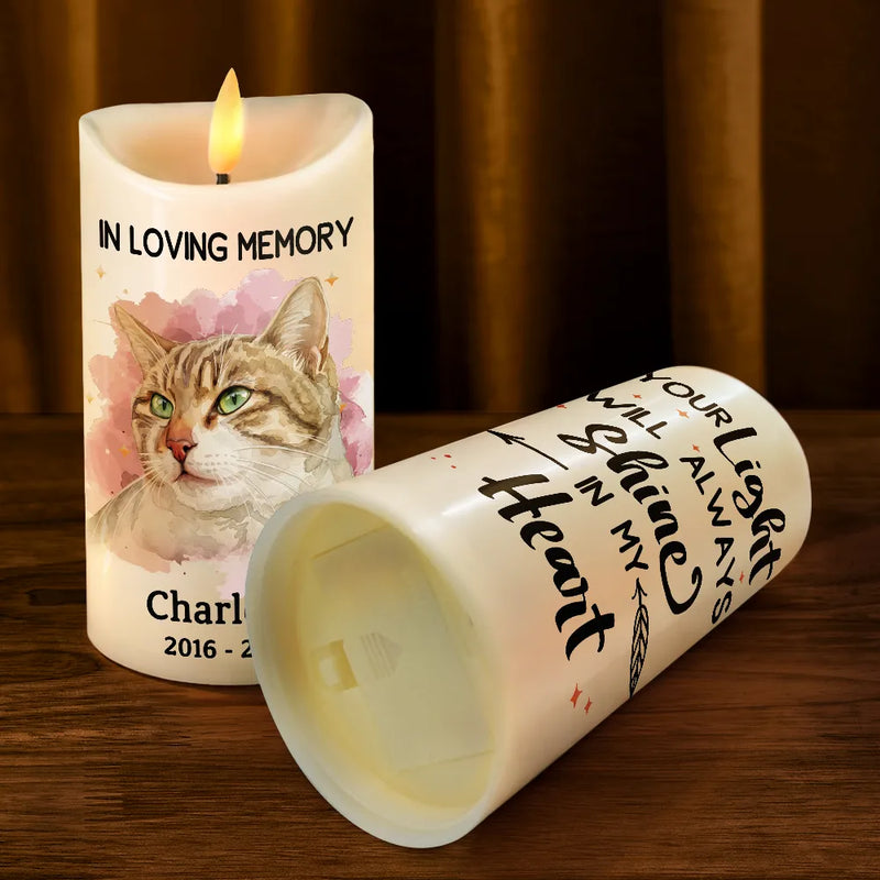 Dog Lovers,Pet Lovers,Cat Lovers,Memorial,Sad - Custom Photo Realistic Watercolor Art Memorial Pet Loss Your Light Will Always Shine In My Heart - Personalized Flameless LED Candle