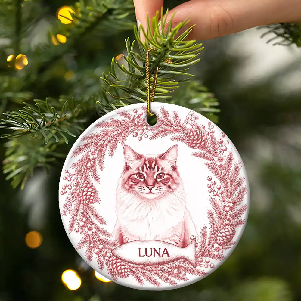 Art Design,Christmas,Cozy,Pet Lovers,Photo - Porcelain Art Style - Custom Photo Single-Color Watercolor Loving Dog Cat Pet Portrait - Personalized Circle Ceramic Ornament
