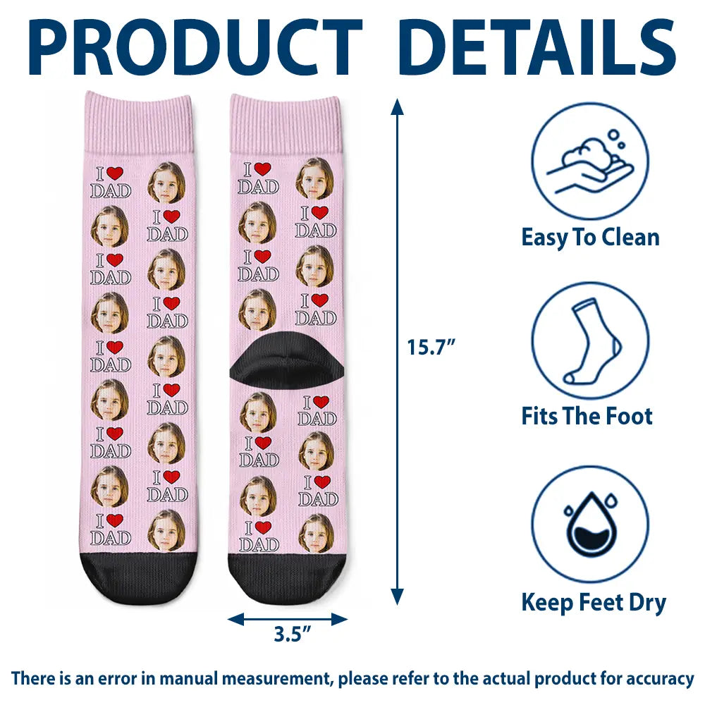 Gift For Father,Custom Photo,Adorable,Cut-Face Photo - Custom Photo I Love Dad Best Dad Ever - Personalized Crew Socks
