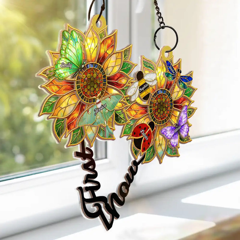 Gift For Grandma,Grandma - Grandkids,Grandma's Hobby,Gardening,Happy - First Mom Now Grandma Sunflower Stained Glass Effect - Personalized Window Hanging Suncatcher Ornament